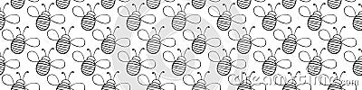 Vector seamless pattern of black outline fat little bees in doodle style. Cute cartoon honey insect Vector Illustration