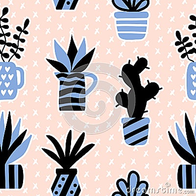 Vector seamless pattern with black succulents and houseplants in vase Vector Illustration