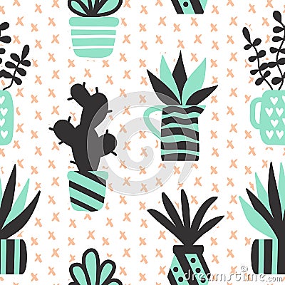 Vector seamless pattern with black succulents and houseplants in vase Vector Illustration