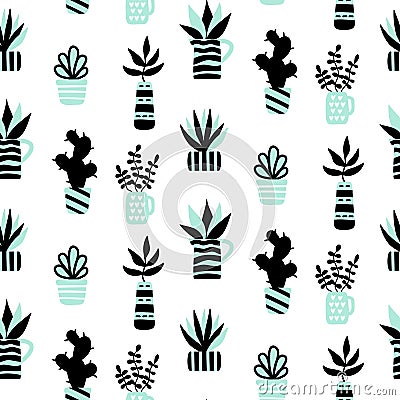 Vector seamless pattern with black succulents and houseplants in vase Vector Illustration