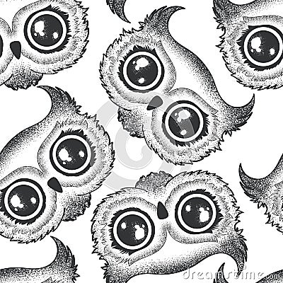 Vector seamless pattern with black and white hand drawn owls isolated on white background. Design for t-shirt print, fabric, Vector Illustration