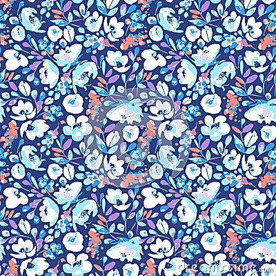 Vector seamless pattern, blooming absract white, blue flowers and violet, coral foliage. Vector Illustration