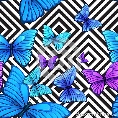 Vector seamless pattern with blue butterfly, black Vector Illustration