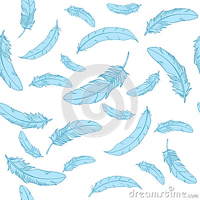 Vector seamless pattern with blue falling feathers on white background in cute cartoon style. Hand drawn vector illustration Vector Illustration