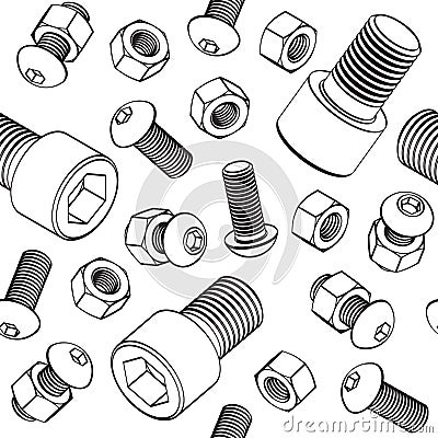 Vector seamless pattern with bolts, nuts and screw with cylinder head on white background Vector Illustration