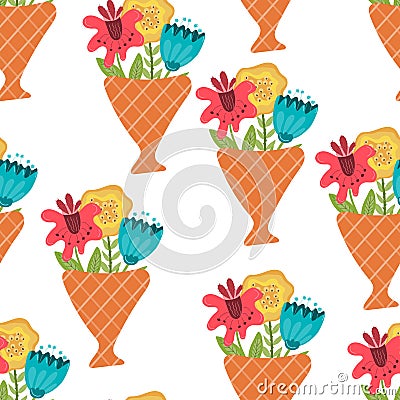 Vector Seamless Pattern with Bouquet with three Flowers Vector Illustration