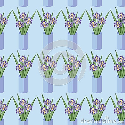 Vector seamless pattern with bouquets of iris flowers in blue vase Vector Illustration