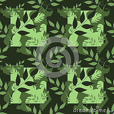 Vector seamless pattern, branches with leaves, tropical leaves on dark background. Abstract spots. Hand drawn illustration. Cartoon Illustration