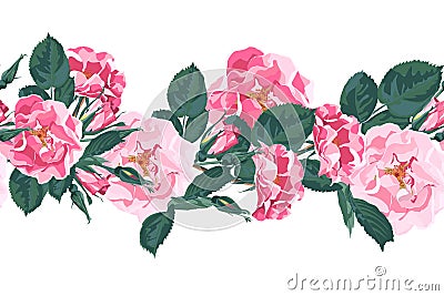 Vector seamless pattern with briar. Wild rose rosa canina dog rose garden flowers. Cartoon Illustration