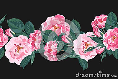 Vector seamless pattern with briar. Wild rose rosa canina dog rose garden flowers. Cartoon Illustration