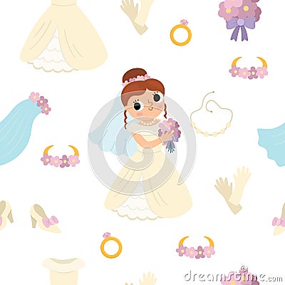 Vector seamless pattern with bride clothes. Cute repeat background with just married girl, dress, accessory. Wedding ceremony Vector Illustration
