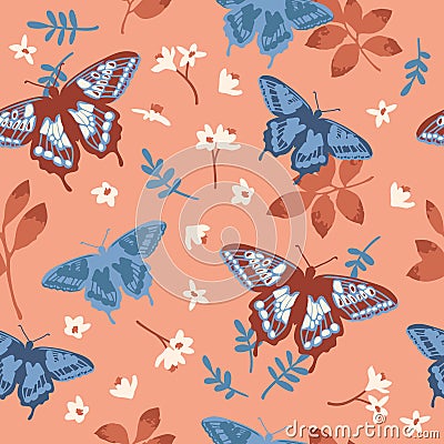 Vector seamless pattern with bright butterflies. Hand drawn texture design Vector Illustration