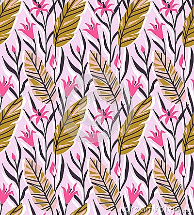 Vector seamless pattern with bright tropical flowers and palm leaf. Vector Illustration