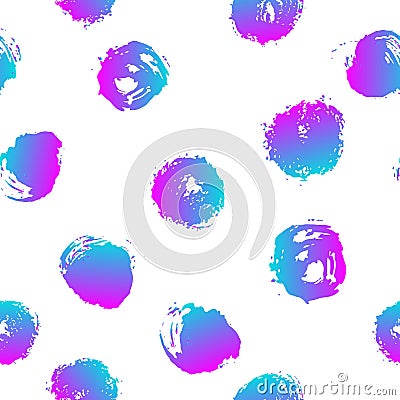 Vector seamless pattern with brush blots and circle. Blue pink gradient color on white background. Hand painted grange Vector Illustration