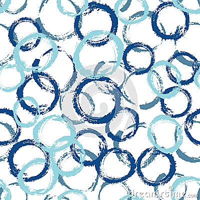 Vector seamless pattern with brush circles and strokes. Blue color on white background. Hand painted grange texture. Ink Vector Illustration