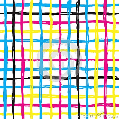 Vector seamless pattern brush cross and cell. yellow blue pink color on white background. Hand painted grange texture Vector Illustration