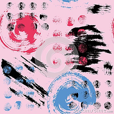 Vector seamless pattern with brush dots, strokes, circles and strokes. Black, red, blue color on pink background. Hand Vector Illustration