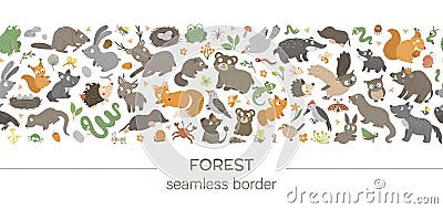 Vector seamless pattern brush with forest animals and elements on white background. Vector Illustration