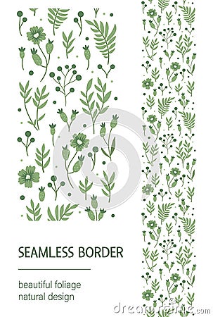 Vector seamless pattern brush with green leaves, berries, flowers on white background. Floral border ornament. Vector Illustration