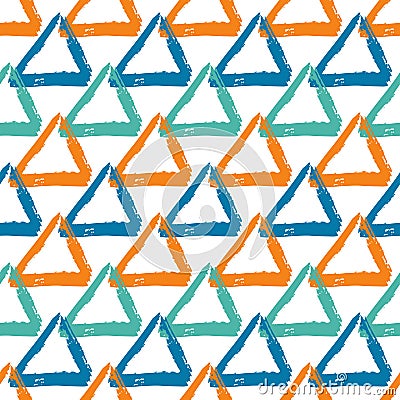 Vector seamless pattern with brush stripes and triangle. Blue orange color on white background. Drawing grange texture Vector Illustration