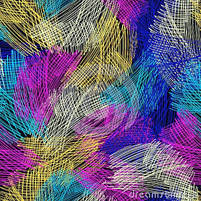 Vector seamless pattern brush stripped. yellow blue pink color on black background. Hand painted grange texture. Ink Vector Illustration