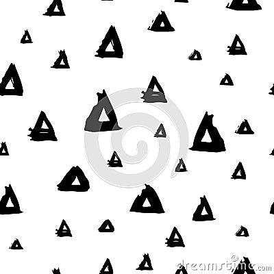 Vector seamless pattern with brush triangles Black color on white background. Hand painted grange texture. Ink geometric Vector Illustration