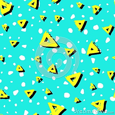 Vector seamless pattern with brush triangles Yellow white black color on blue background. Hand painted grange texture Vector Illustration