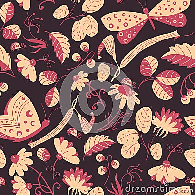 Vector seamless pattern with butterflies, ladybugs, flowers Vector Illustration