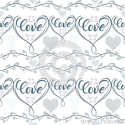 Vector seamless pattern.Calligraphic composition. Hearts. Use printed materials, signs, items, websites, maps, posters, postcards Stock Photo
