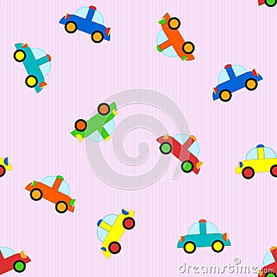 Colorful toy cars isolated on a light pink background. Children`s seamless pattern for printing on fabric, plastic or paper Vector Illustration