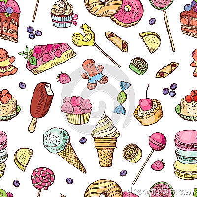 Vector seamless pattern of candies, ice cream, cake and other different sweets. Hand drawn illustrations Vector Illustration