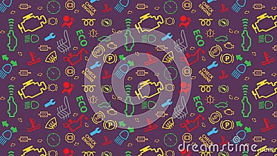 Vector seamless pattern. Car dashboard icons texture. Repeating dtc code signs. Coloured, irregular, check engine big sign. Vector Illustration