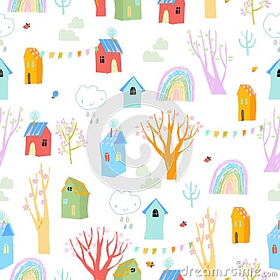 Seamless Pattern with Cartoon Blossom Trees and Colorful Houses Vector Illustration