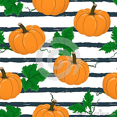 Vector seamless pattern with cartoon pumpkin on stripped background. Vector Illustration