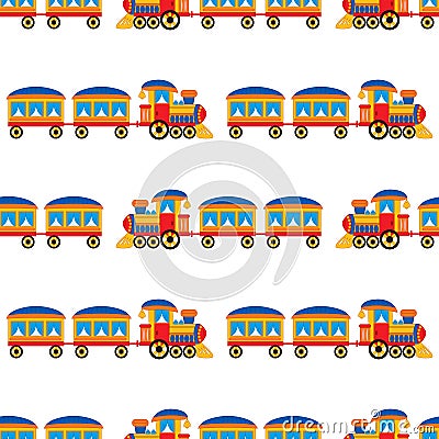 Vector Seamless Pattern with Cartoon Steam Train. Vector Boys Toy Steam Train. Vector Illustration