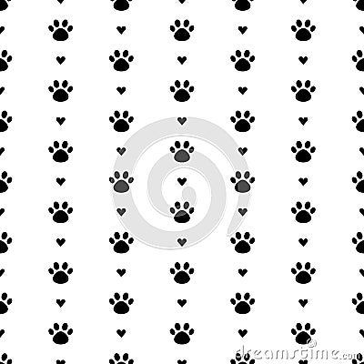 Vector seamless pattern with cat paw dog paw, hearts. Black and white background Stock Photo