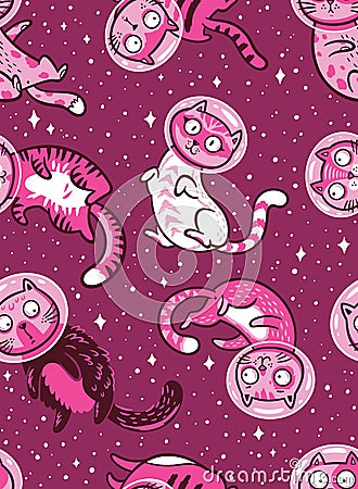 Vector seamless pattern with cats in space. Vector Illustration