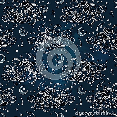 Vector seamless pattern with celestial bodies - moons, stars and clouds. Boho chic print hand drawn textile design Vector Illustration