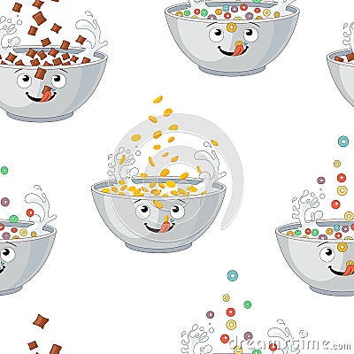 Vector Seamless Pattern, Cereals, Different Breakfast Illustrations on White Background, Chocolate Pads, Corn Flakes. Vector Illustration