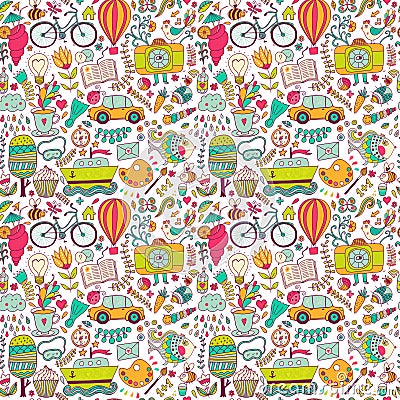 Vector seamless pattern, childish doodles. Pattern ,set of different school, travel, romantic things. Enjoy life concept. Use for Vector Illustration