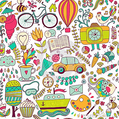 Vector seamless pattern, childish doodles. Pattern ,set of different school, travel, romantic things. Enjoy life concept. Use for Vector Illustration