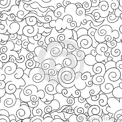 Vector Seamless Pattern: Chinese Buddhist Background, Outline Drawings, Black and White Illustration. Vector Illustration