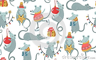 Vector seamless pattern of 2020 Chinese New Year simbol. Mouse, Rat horoscope sign. Hand drawn endless background Vector Illustration