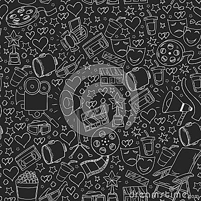 Vector seamless pattern with cinema icons. Movie Theater, TV, popcorn, video clips, musical Vector Illustration