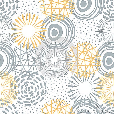 Vector seamless pattern. Circle texture with doodle and scribble shaps. Hand drawn shapes. Gray and yellow. Vector Illustration