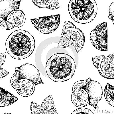 VEctor seamless pattern of citrus fruits. Orange, lemon, lime and bloody orange slices. Vector Illustration