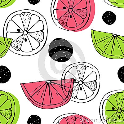 Vector seamless pattern with citrus fruits. Scandinavian motives. Drawing by hand. Cute print Stock Photo