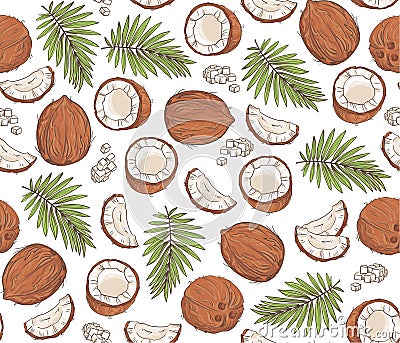 Vector seamless pattern with coconuts and tropical leaves. Vector Illustration