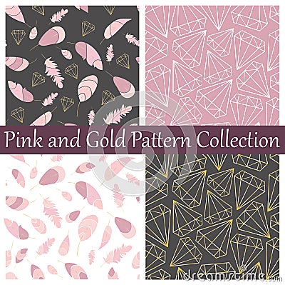 Vector seamless pattern collection. Feather and diamonds,gems,crystals. Stylish,trendy,fashionn pattern set. Vector Illustration