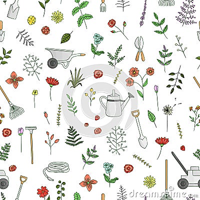 Vector seamless pattern of colored garden tools, flowers, herbs, plants. Vector Illustration